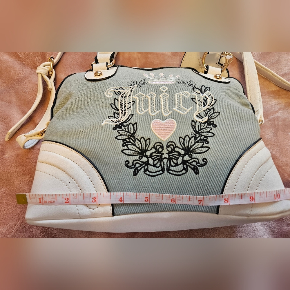 Juicy Couture Denim Heritage Satchel Blue & White with Heart Charm - Picture 9 of 11